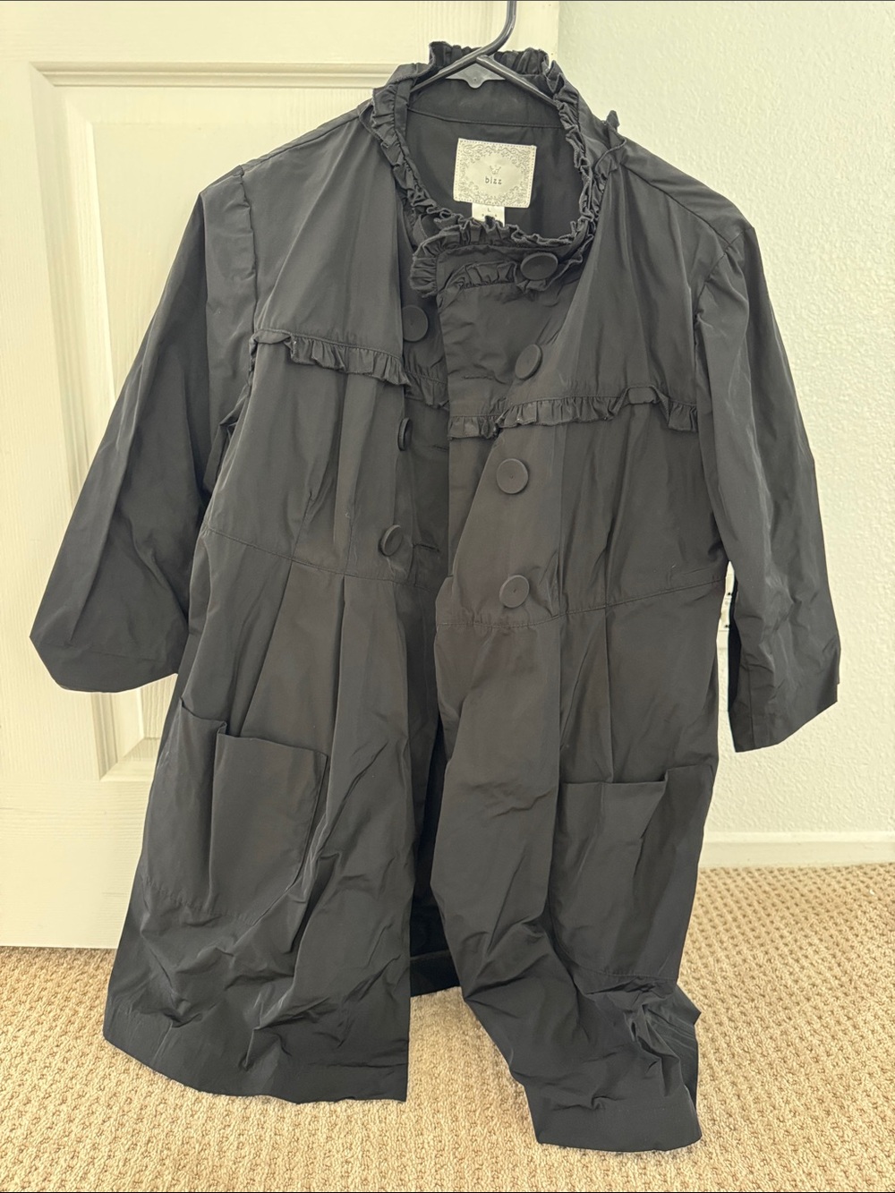 Women’s Black Ruffle-Trim Lightweight Coat